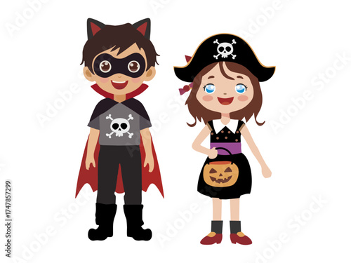 boy and girl wearing halloween costumes with difference character
