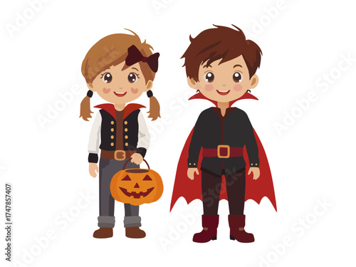 boy and girl wearing halloween costumes with difference character