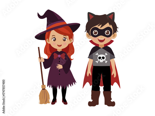 boy and girl wearing halloween costumes with difference character