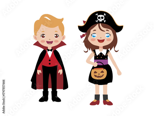 boy and girl wearing halloween costumes with difference character