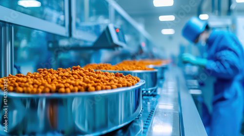 Automated pet food production facility with orange kibble in stainless steel bowls, showcasing clean and efficient environment