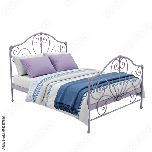Ornate Lavender Metal Bed Frame with Blue and White Bedding