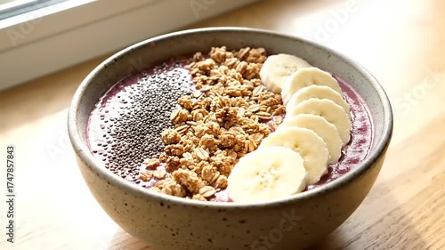 Healthy Acai Berry Smoothie Bowl Topped with Granola, Chia Seeds, and Banana Slices