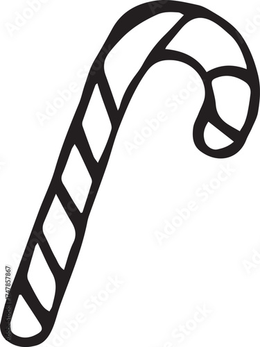 Black and white doodle vector of a candy cane. Hand-drawn festive element for winter design, greeting cards, Christmas packaging, and eco holiday illustrations.