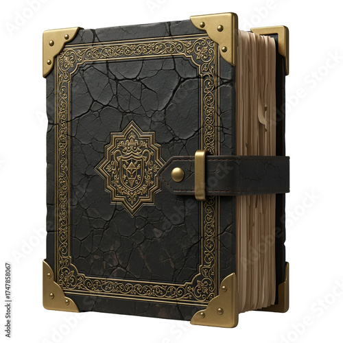 Ornate black leather-bound book with gold accents ancient
