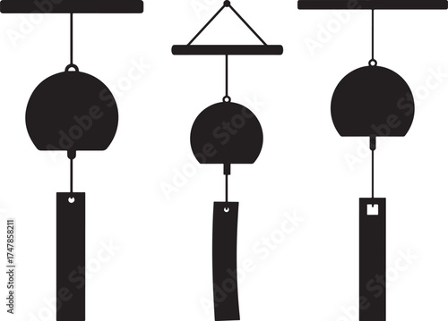 Three traditional japanese wind chimes hanging in a row silhouette isolated on white background
