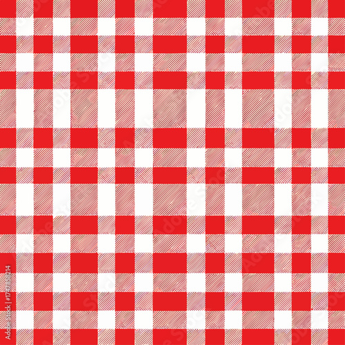 Seamless red and white gingham checkered tablecloth texture background featuring a classic plaid fabric pattern on cotton linen material for a picnic table backdrop design