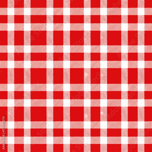 Seamless red and white gingham checkered tablecloth texture background featuring a classic picnic plaid fabric pattern in cotton textile material for a square linen backdrop design
