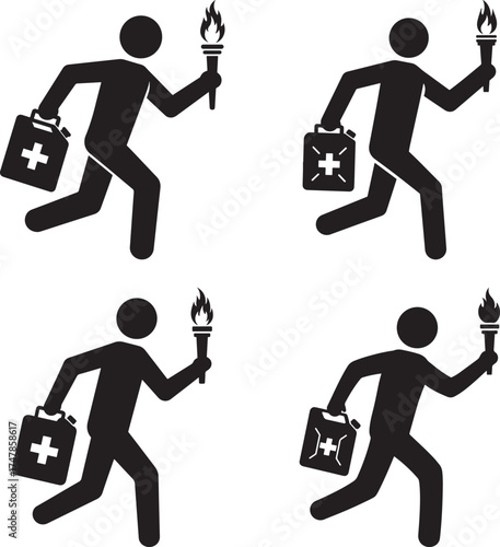 Four running person silhouettes holding a first aid kit and a torch isolated on white background