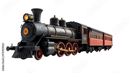Vintage steam train with red/brown passenger cars on black background