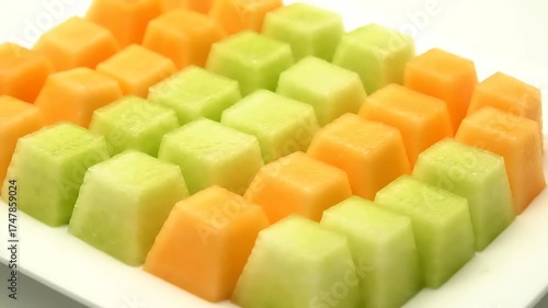 Rows of Refreshing Cantaloupe and Honeydew Melon Cubes Artfully Arranged on a White Platter