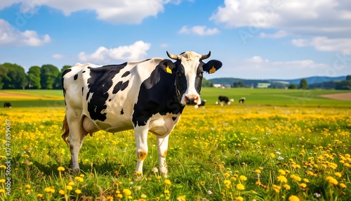 Fototapeta Naklejka Na Ścianę i Meble -  Black and white cow in a field of wildflowers under a blue sky