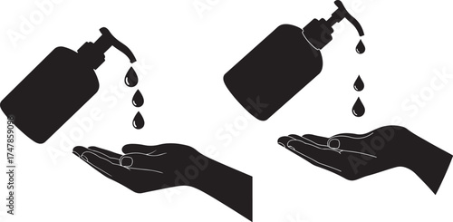 Hand sanitizer being dispensed onto open hands silhouette isolated on white background