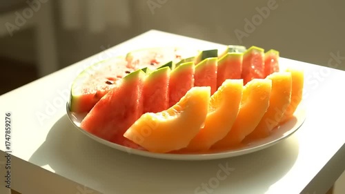 Refreshing Slices of Watermelon and Cantaloupe on a White Plate