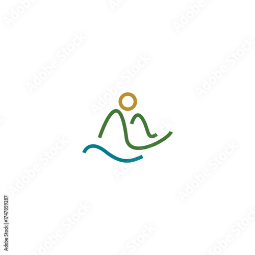 Minimal mountain and wave sun logo in line art style. The design combines a golden sun, green mountains, and a blue wave, symbolizing nature, travel, and harmony between land, sea, and sky