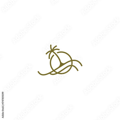 Minimal palm tree and wave logo in brown line art style on white background