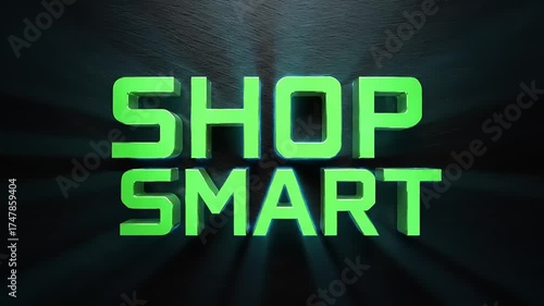 Shop Smart Text Animation - Bright Green 3D Letters Glowing on Dark Textured Background
