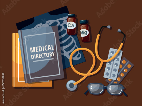 Composition with Image Diagnostic Healthcare Tool. Medical Stethoscope, Chest X Ray, pills, textbooks and glasses on table. Top view.