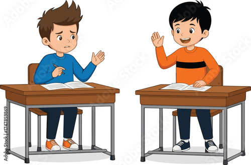 Cartoon boys sitting at desks showing confused and cheerful emotions, school-themed vector illustration for education, learning and classroom content