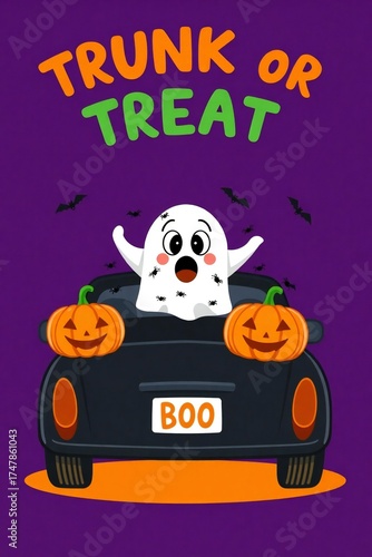 Cute ghost in car trunk with pumpkins for halloween trunk or treat event