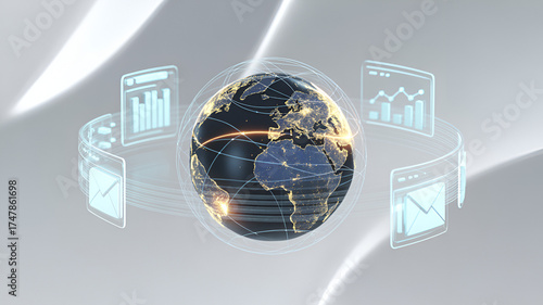 Digital globe with data visualization and interface elements on white background