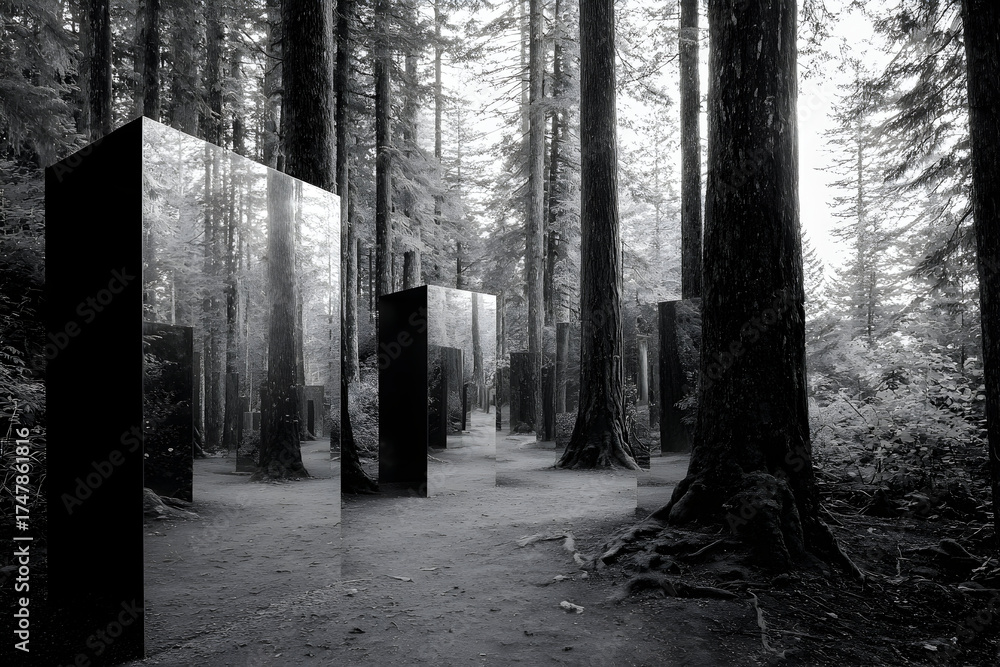 Naklejka premium Reflective Columns in the Woods: An enchanting black and white landscape of tall, mirrored columns standing amidst a serene forest.
