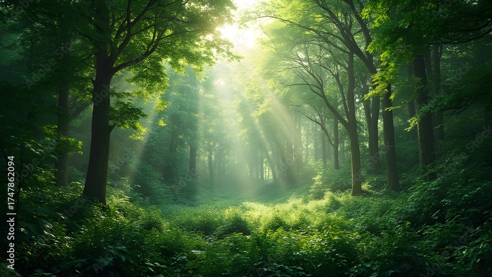 Fototapeta premium Sunbeams in Lush Green Forest Landscape