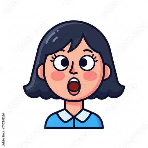 Cartoon woman with wide eyes and open mouth expressing surprise, shock, or amazement with a blue dress against a white backdrop, perfect for reaction memes