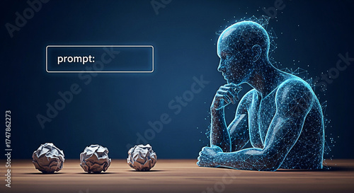 Ai thinking with crumpled paper balls on a desk generating prompt ideas for artificial intelligence and machine learning applications