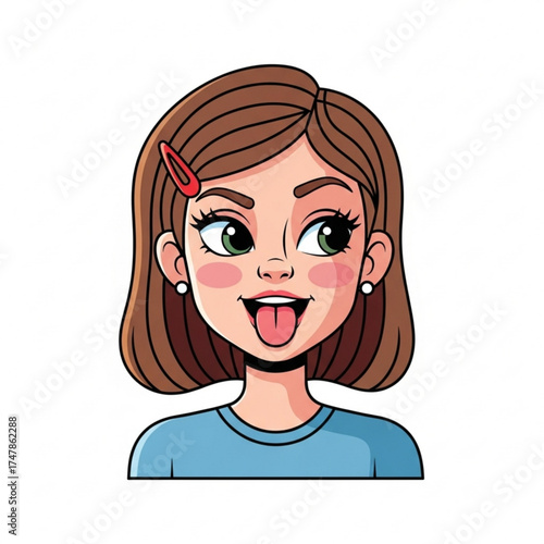 Playful girl with bob haircut cheerfully sticking out tongue with a cheeky expression and a clip in her hair, perfect for youthful brands or designs