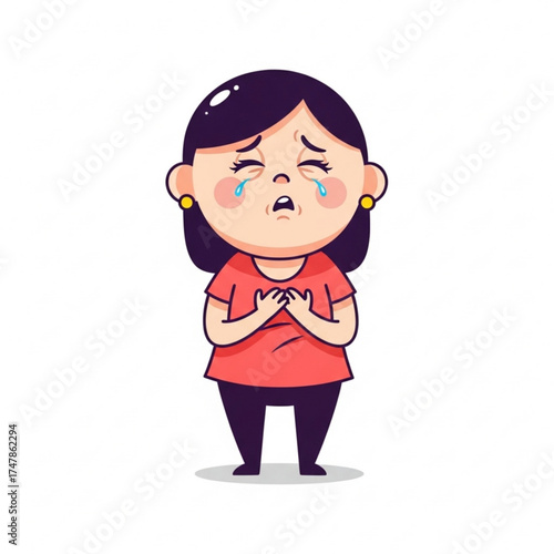 Heartbroken cartoon girl with tears streaming down her face, clutching her chest in sadness, ideal for expressing emotional distress and empathy