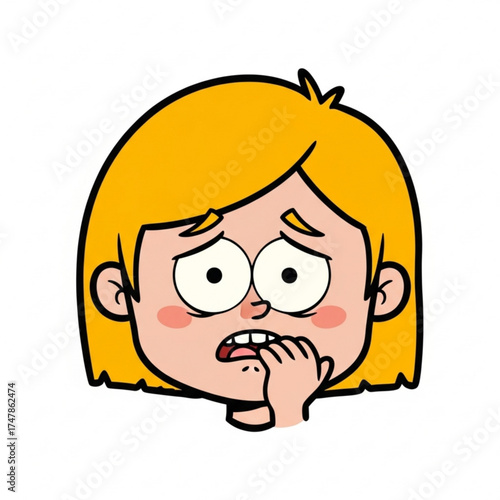 Worried blonde cartoon girl biting nails, depicting anxiety, stress, and fear, ideal for mental health campaigns and educational resources about emotional wellbeing
