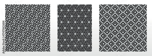 Geometric set of seamless black and gray patterns. Simple vector graphics