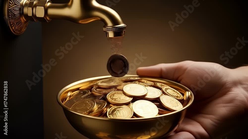 Wallpaper Mural Golden Coins Flowing from a Tap into a Bowl Representing Financial Abundance and Wealth Generation. Torontodigital.ca