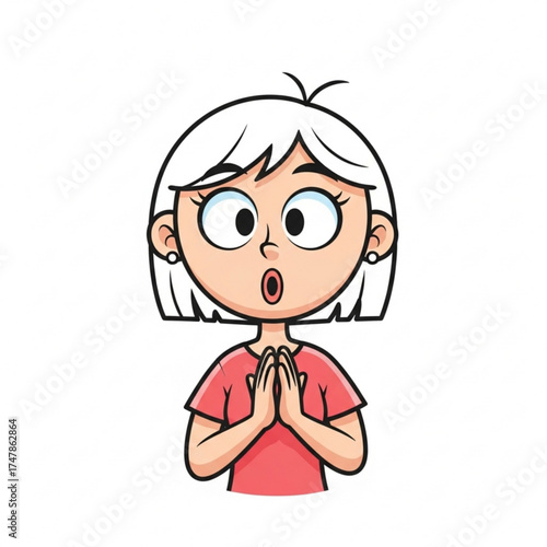 Astonished young woman with hands clasped looking up in surprise, a cartoon illustration showcasing shock, wonder, and playful emotion for commercial use