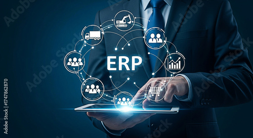 Businessman using tablet with ERP system icons for enterprise resource planning and business process management on a dark blue background