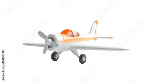 A small, stylized airplane with a propeller, orange details, and a black background