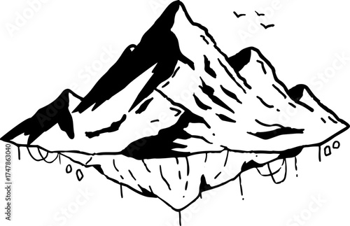 Hand-drawn sketch of a floating fantasy island with sharp mountain peaks and birds flying in the sky. A perfect element for fantasy maps, story illustrations, or mystical world-building.