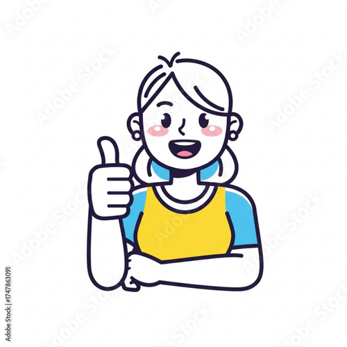 Cheerful woman gives enthusiastic thumbs up for success, perfect for positive feedback, approval, and encouragement in various creative projects