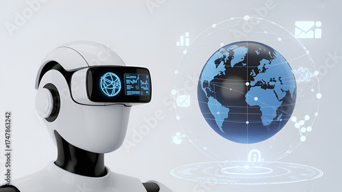 Robot with vr headset interacts with digital globe isolated on white background