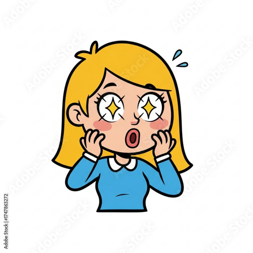 Blonde cartoon girl with star eyes expressing excitement and wonder, a visual metaphor for amazement, surprise, or discovering something incredible