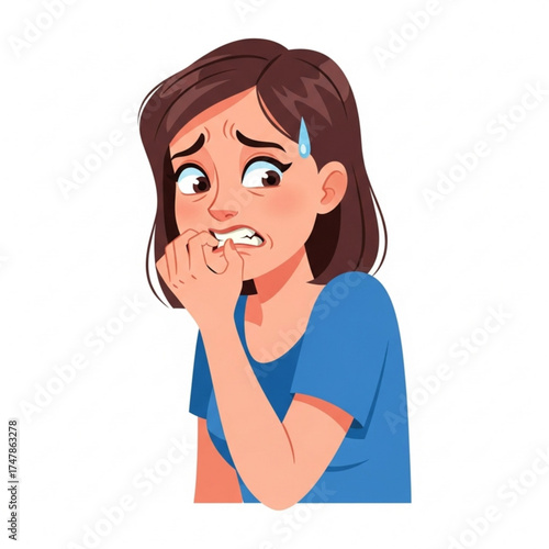 Worried woman biting nails, feeling stressed and anxious about challenges, depicting uncertainty, panic, and high pressure situations with a worried cartoon look