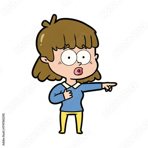 Cartoon woman pointing with a shocked expression, perfect for adding a bit of humor and surprise to your project, ideal for announcements or warnings