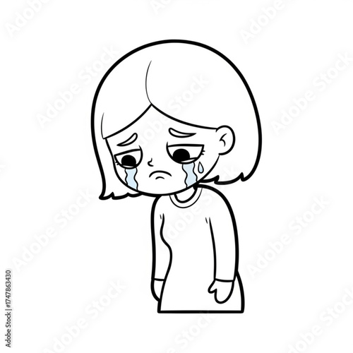 Heartbroken cartoon girl crying with tears rolling down her face, experiencing sadness, grief, pain and emotional distress in a simple black and white design