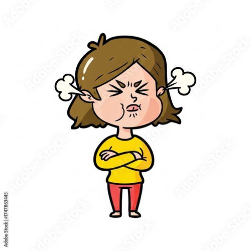 Cartoon woman fuming with anger, steam coming out of her ears, arms crossed, eyes squinted, a great visual for frustration and stress management solutions