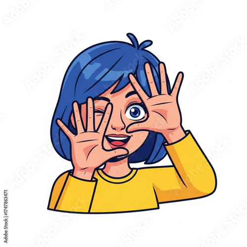 Playful cartoon girl winking and framing face with hands creates engaging youthful vibe, perfect for branding, animation, and positive social media content.