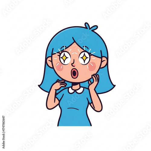 Stunning cartoon girl with blue hair showcases wide-eyed surprise and awe, perfect for expressing shock, disbelief, or excitement in a fun, youthful way