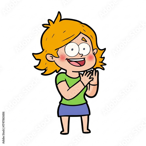 Enthusiastic cartoon woman clapping hands with joy, celebration, and excitement, perfect for expressing positive emotions and achievements in a fun way