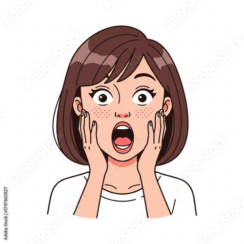 Stunned young woman gasping in utter shock with open mouth, capturing a moment of surprise or disbelief in a cute, expressive style illustration