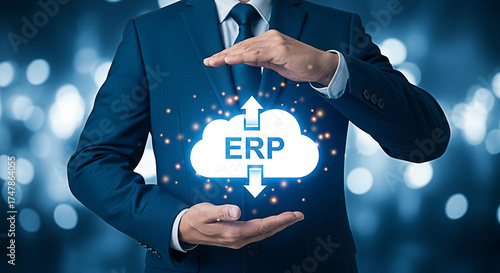 Businessman presents erp cloud solution for enterprise resource planning and data management in a modern digital environment with secure connection